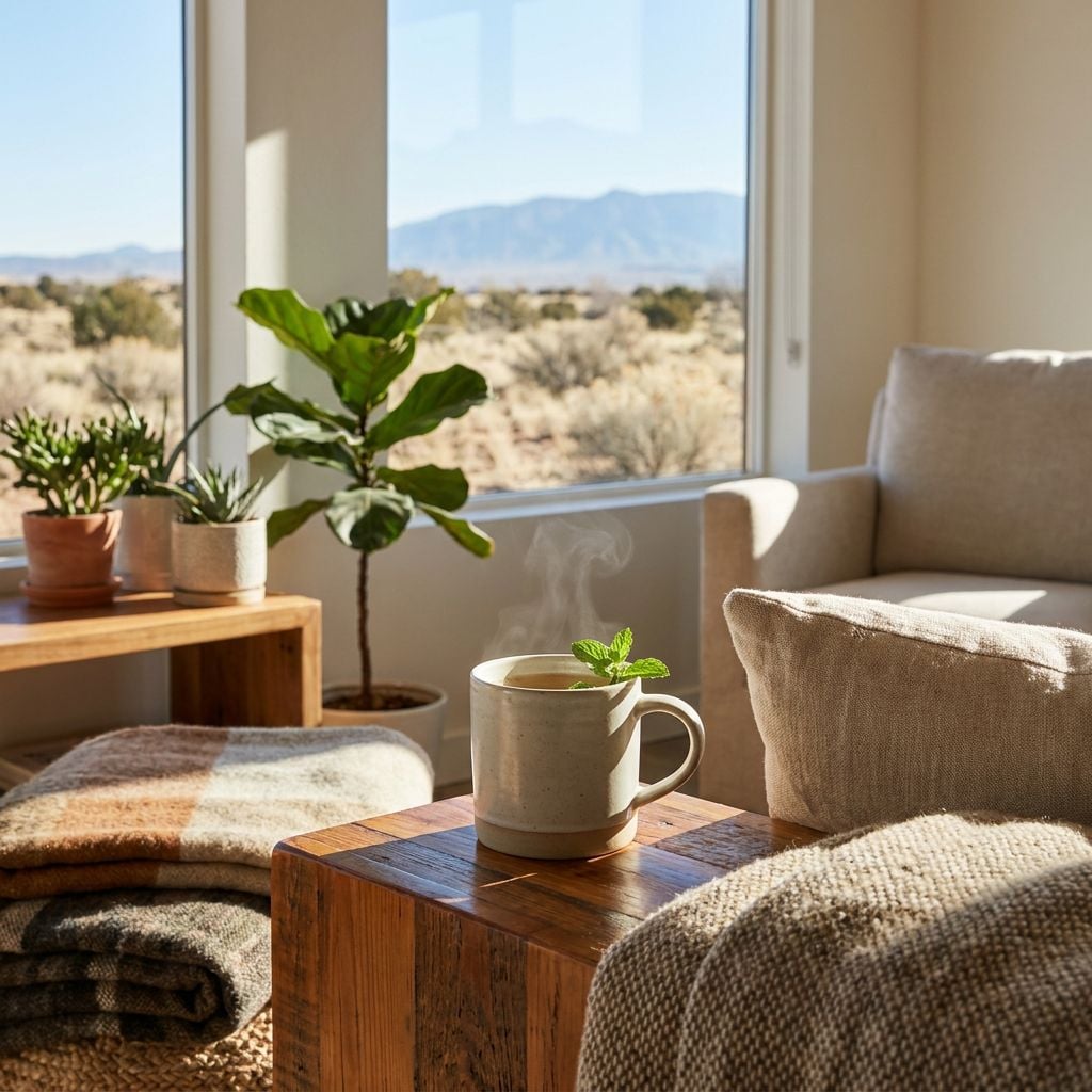 A cozy interior scene featuring a steaming cup of coffee on a wooden table with plants and a view of mountains outside.