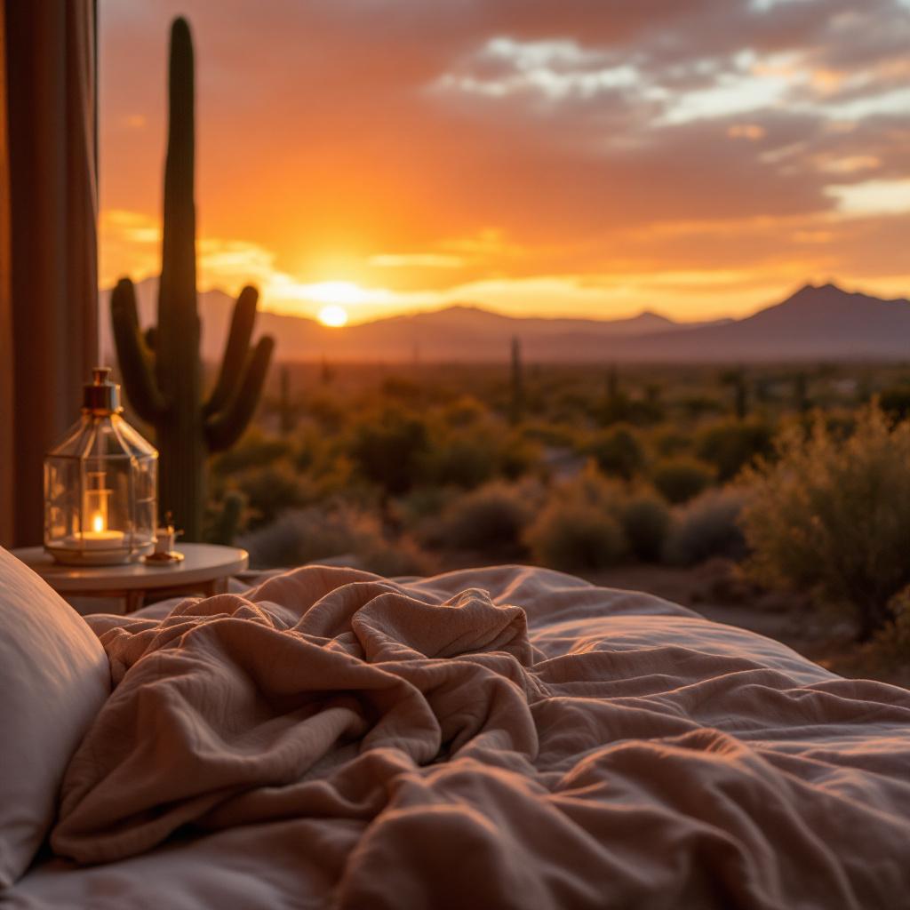 A cozy bed with a blanket is positioned near a window overlooking a desert landscape at sunset.