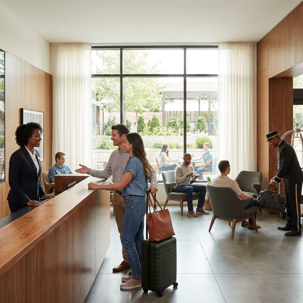 A hotel lobby with guests checking in and others seated.