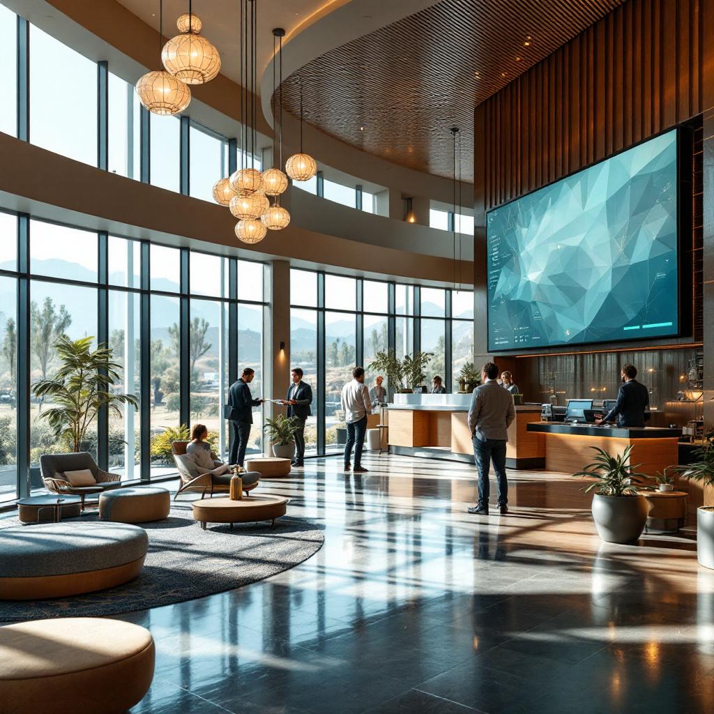 A modern hotel lobby featuring large windows, a reception area, and several guests interacting.