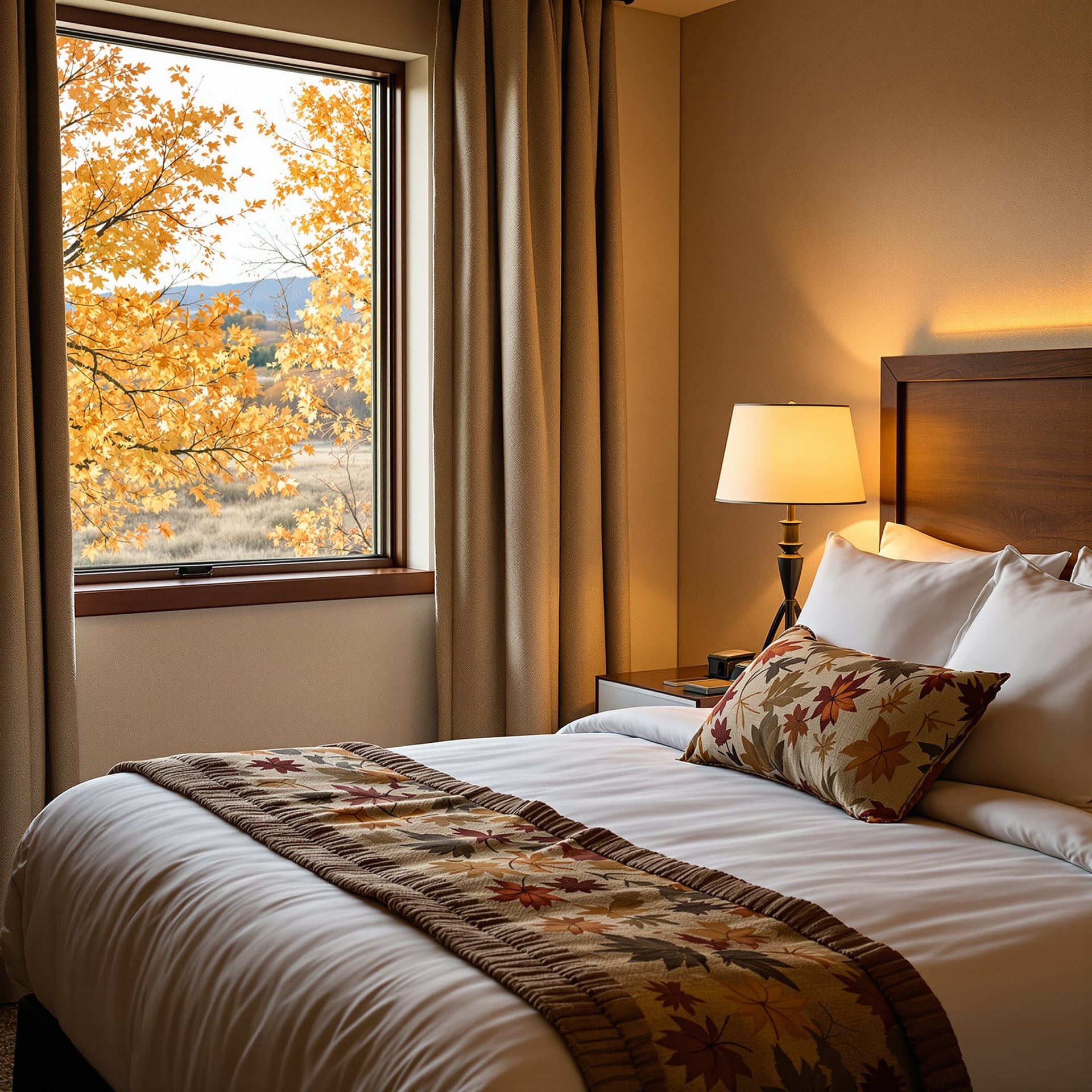 A cozy hotel room with a bed and a window showing autumn foliage outside.