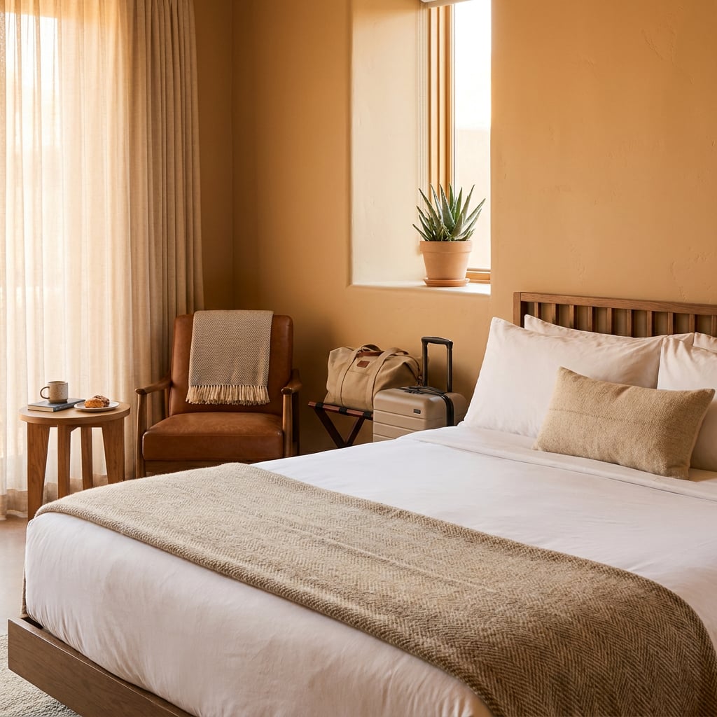 A cozy hotel room featuring a bed, a chair, and a small table with a snack.