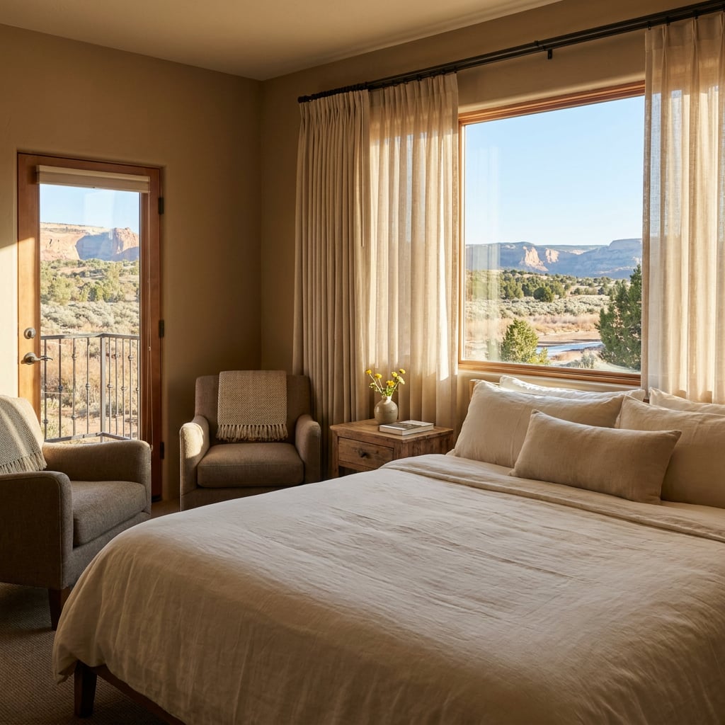 A cozy bedroom with a large window showcasing a scenic view of nature.