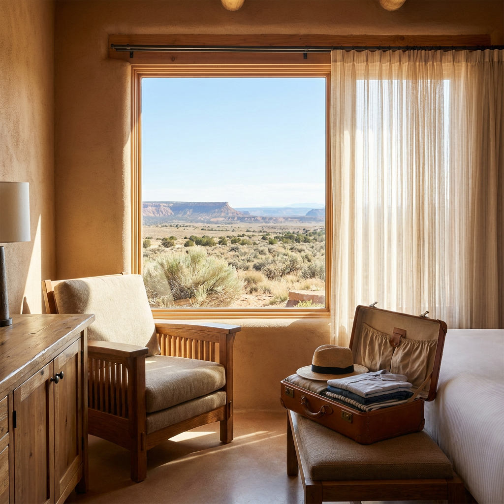 A cozy hotel room with a view of a desert landscape through a large window.