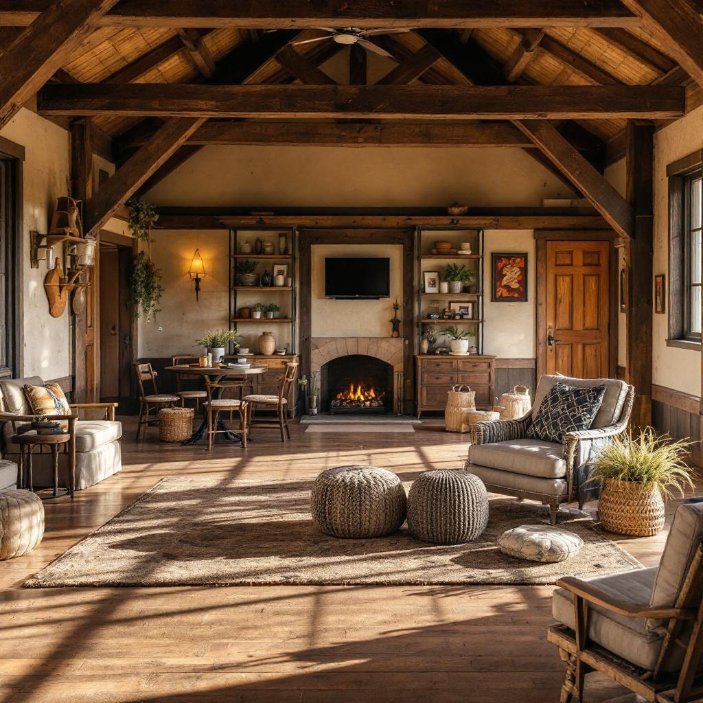 A cozy living room with wooden beams, a fireplace, and comfortable seating.
