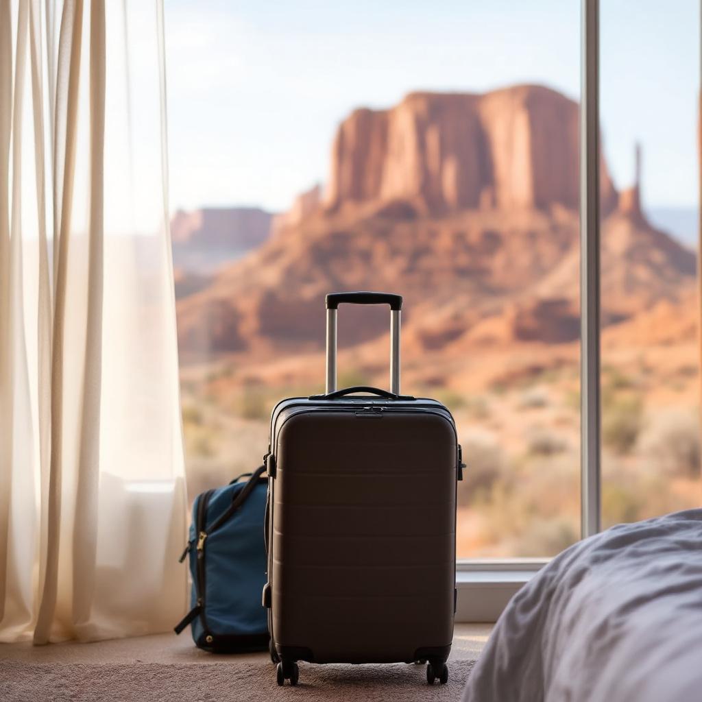A suitcase and a backpack are placed in a hotel room with a view of a desert landscape.