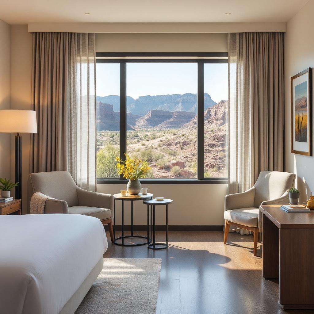 A modern hotel room with a view of mountains through a large window.
