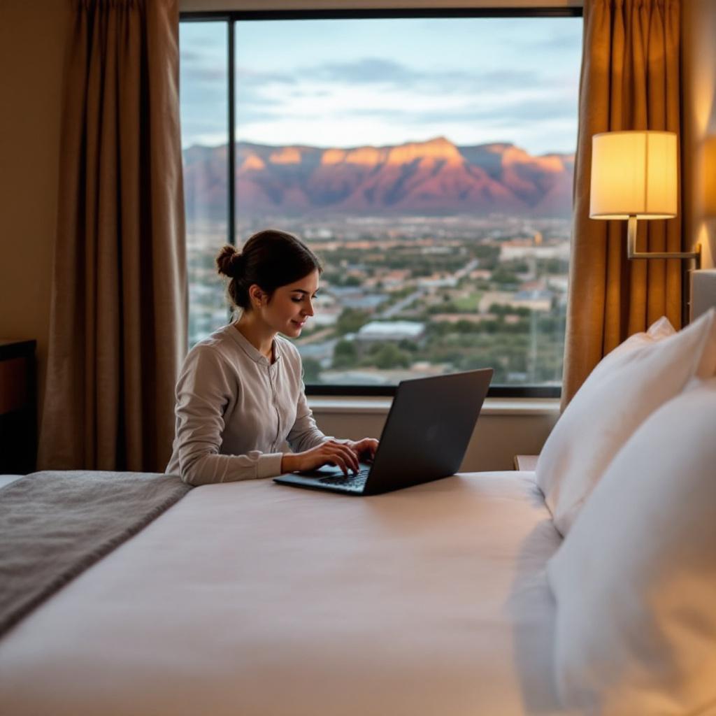 A woman is working on a laptop while sitting on a bed in a hotel room with a mountain view.