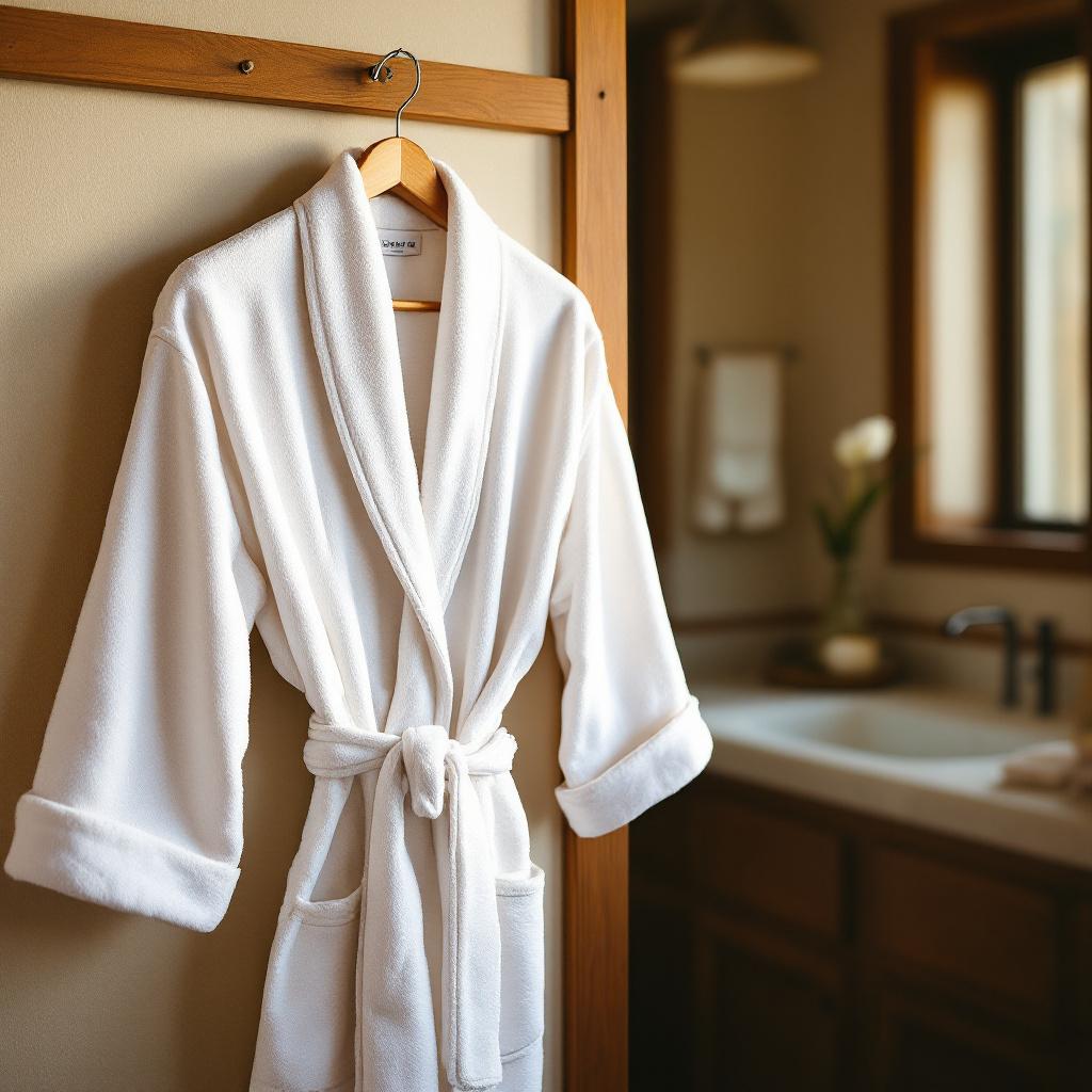 A white bathrobe hanging on a wooden hanger in a bathroom.