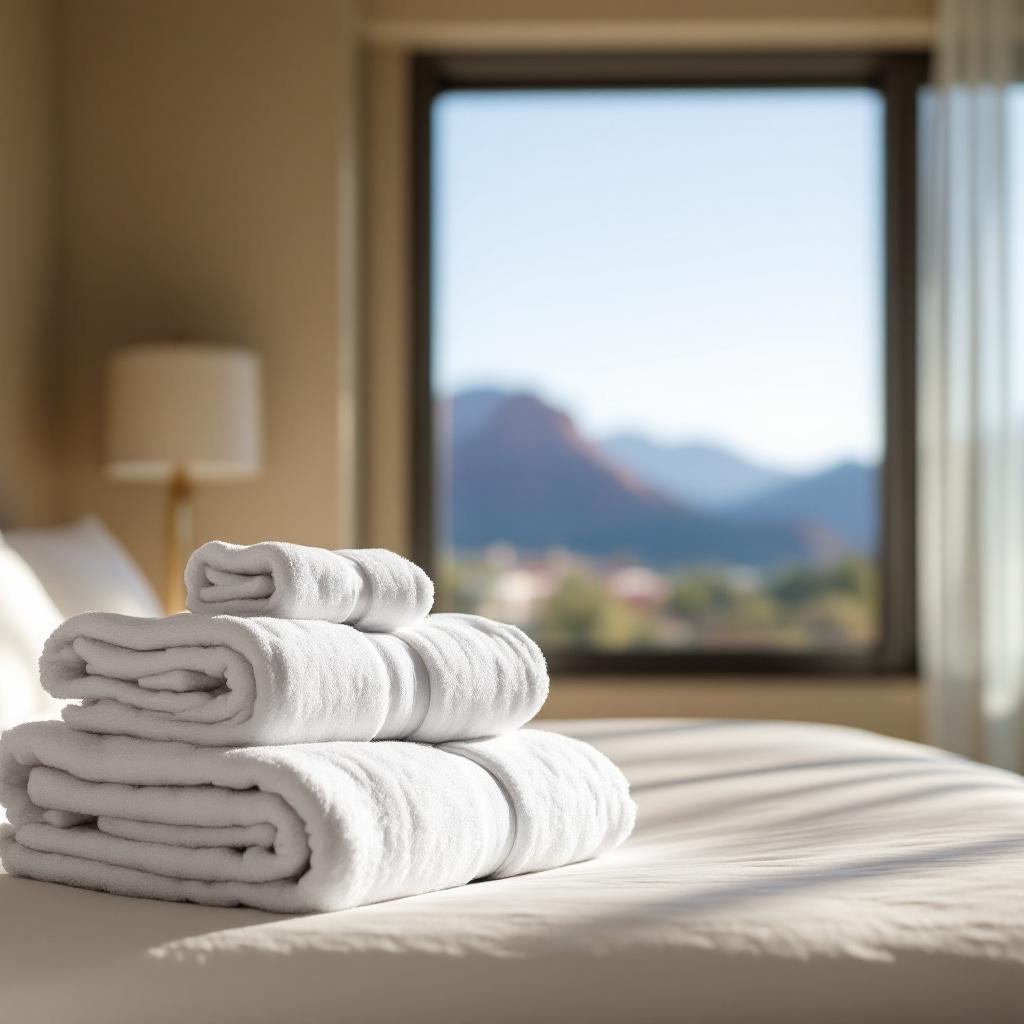 A stack of white towels is placed on a bed with a blurred view of mountains in the background.