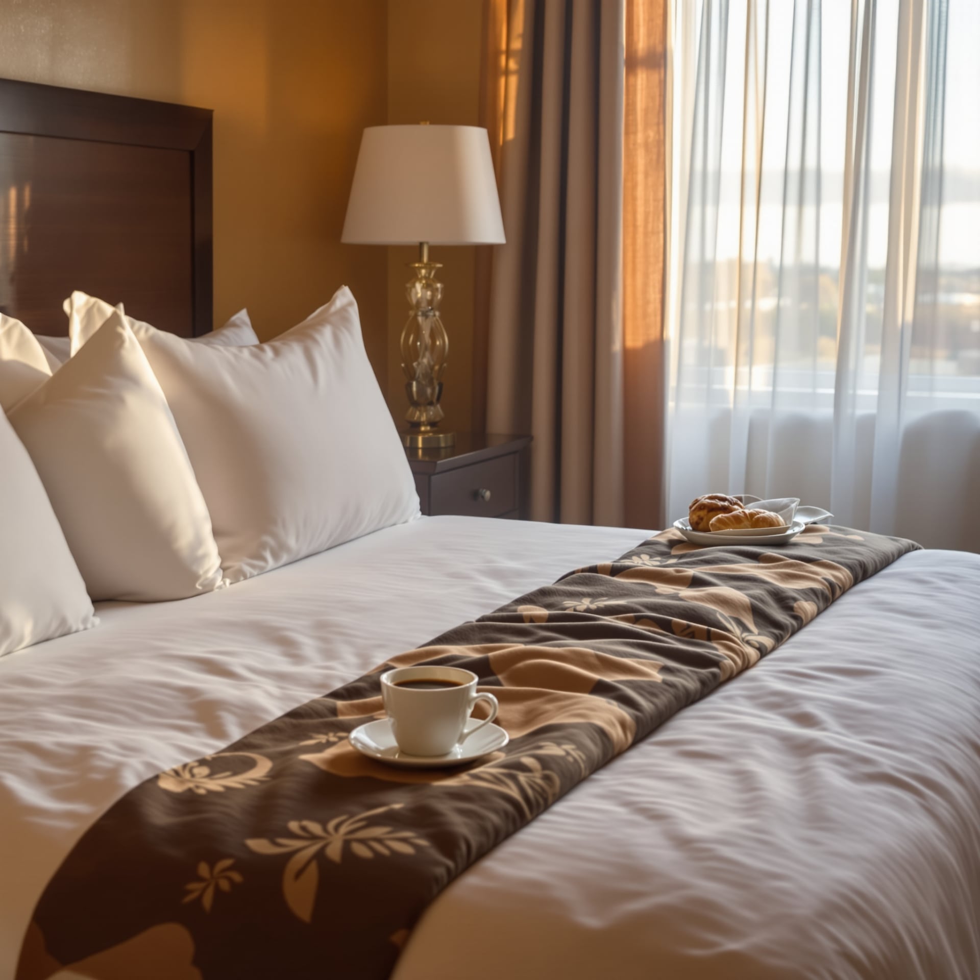 A neatly made hotel bed with pillows, a tray of coffee, and pastries.
