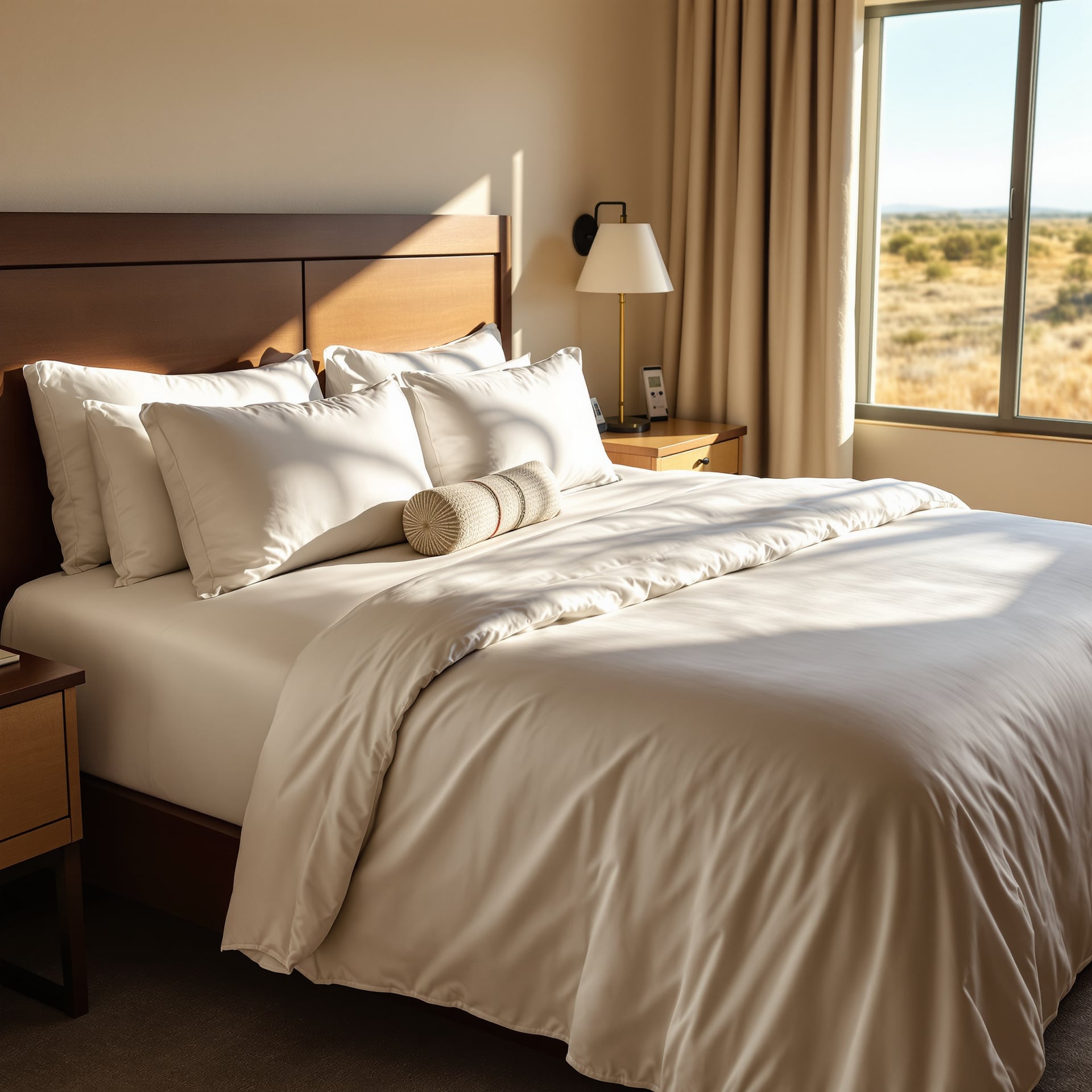 A well-decorated hotel room featuring a large bed with white linens and a view of the outdoors.