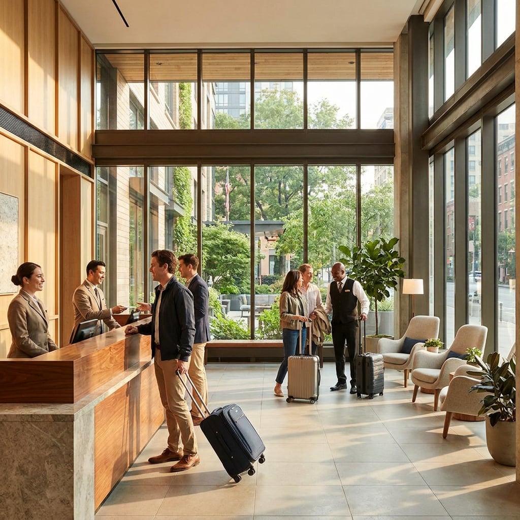 A modern hotel lobby with guests checking in and others waiting.
