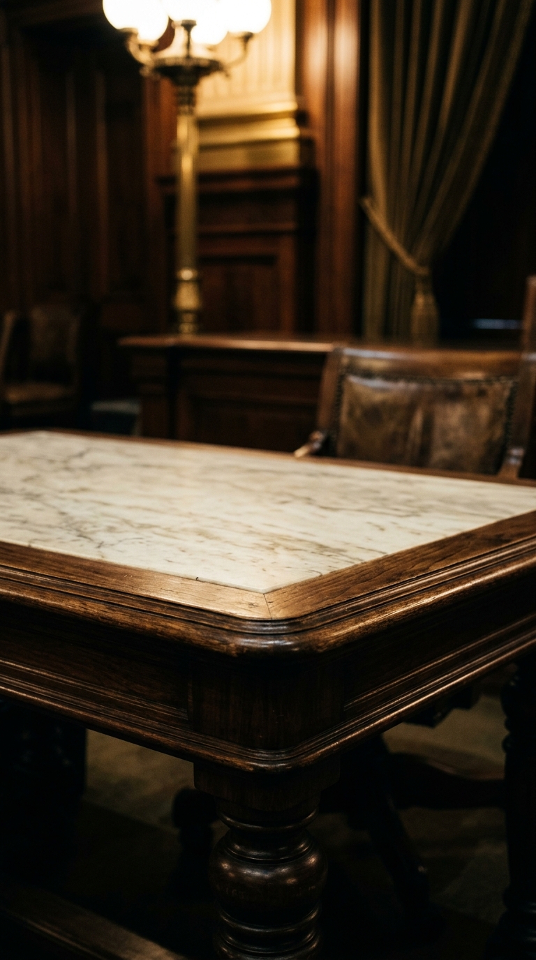 A close-up view of a wooden table with a marble top in a richly decorated room.
