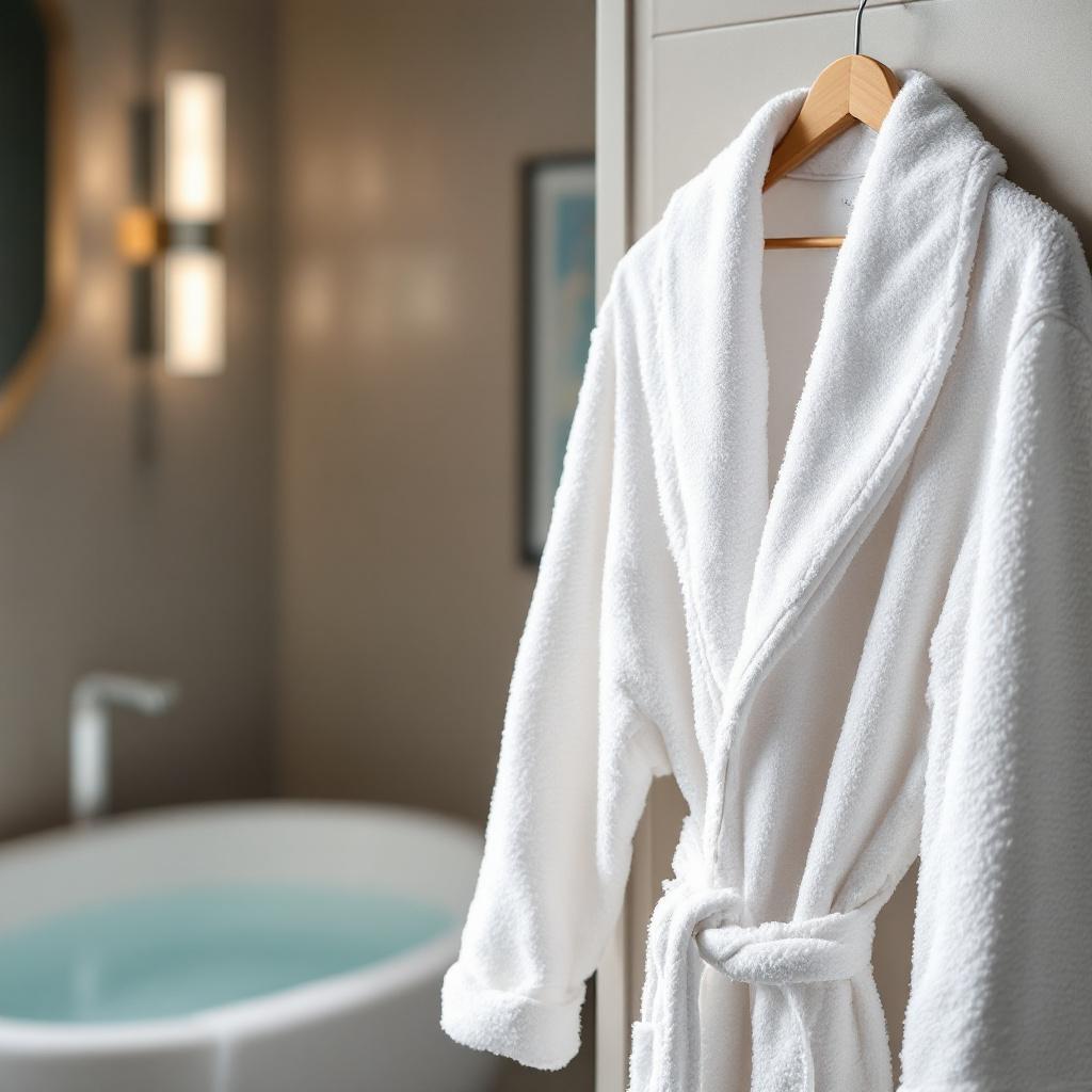 A white bathrobe hanging on a hook near a modern bathtub.