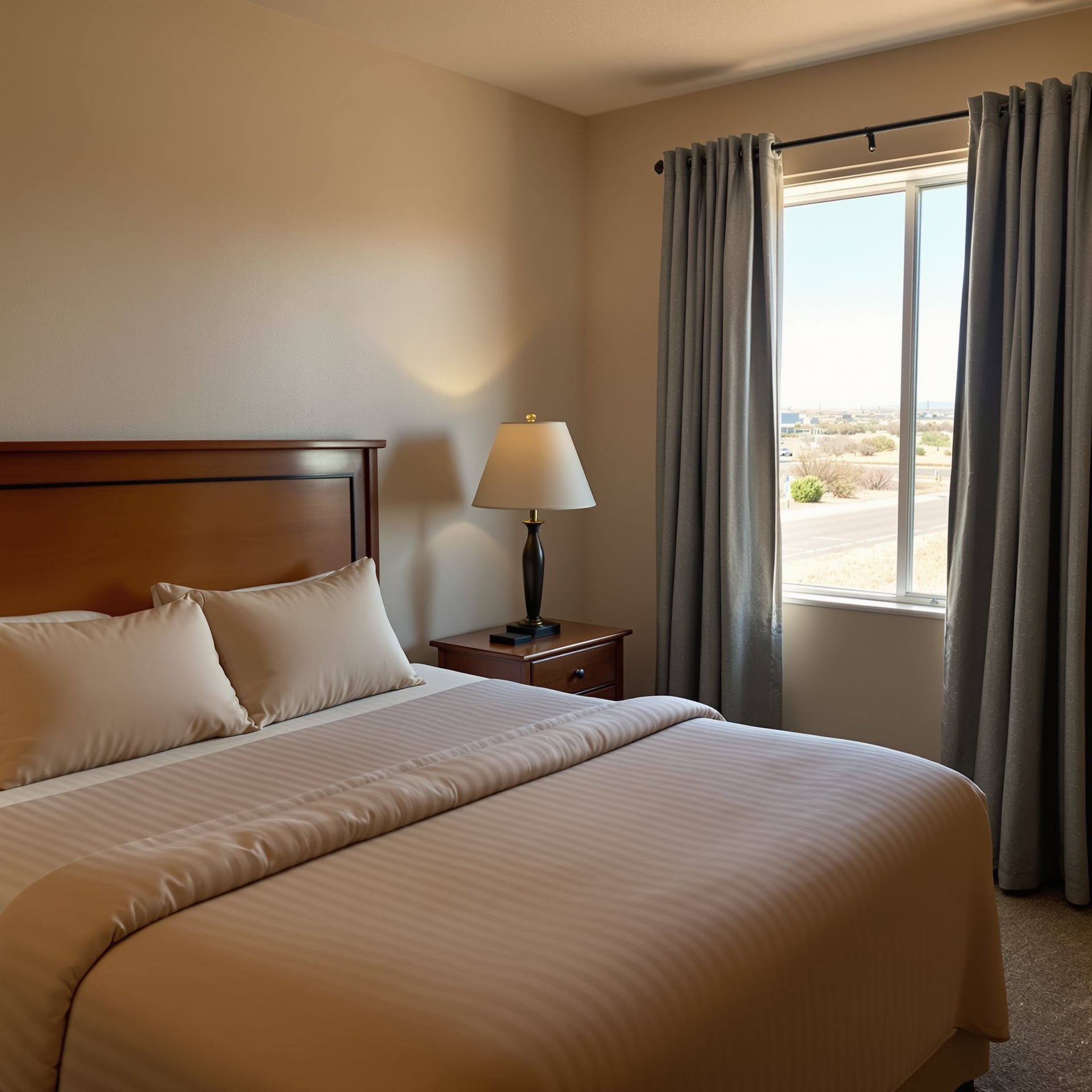 A neatly made bed with a lamp and window in a hotel room.
