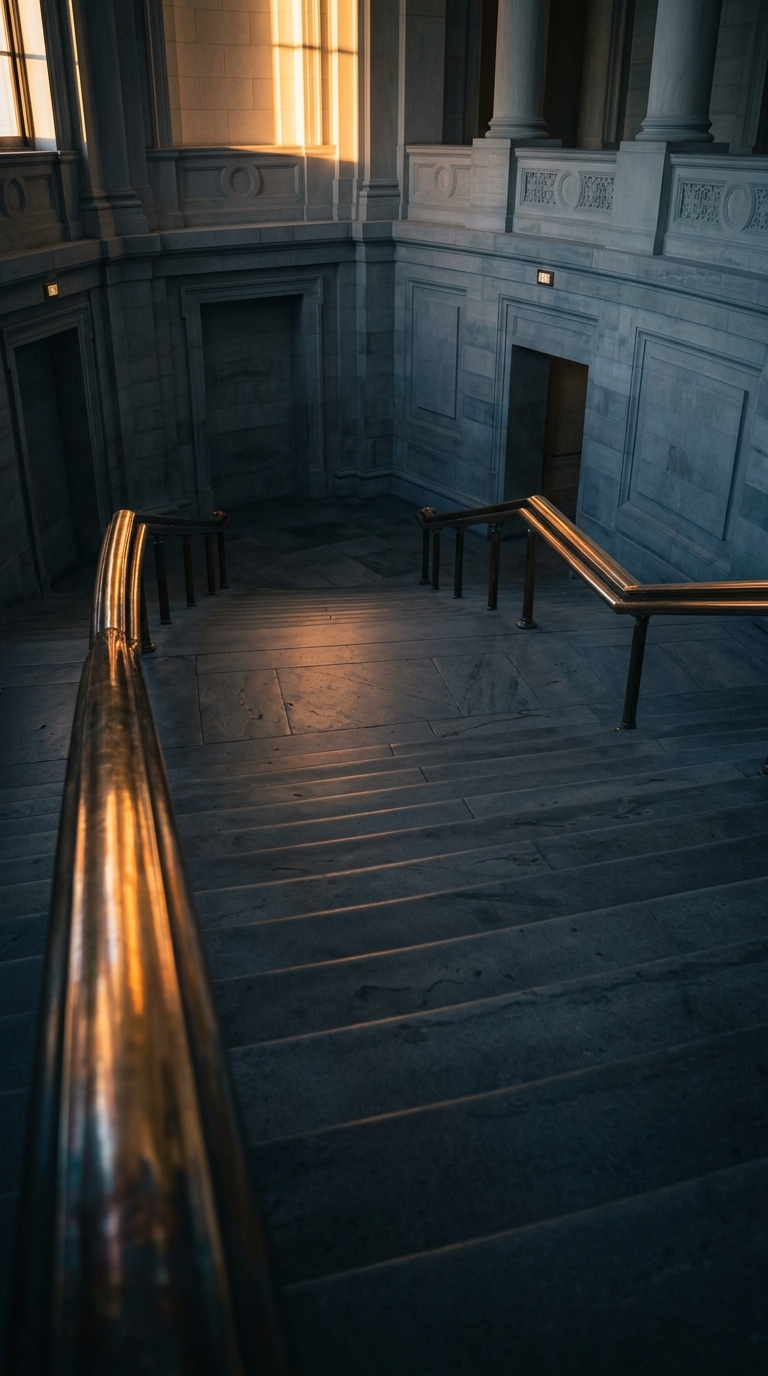 A staircase with a polished railing and stone walls illuminated by soft light.