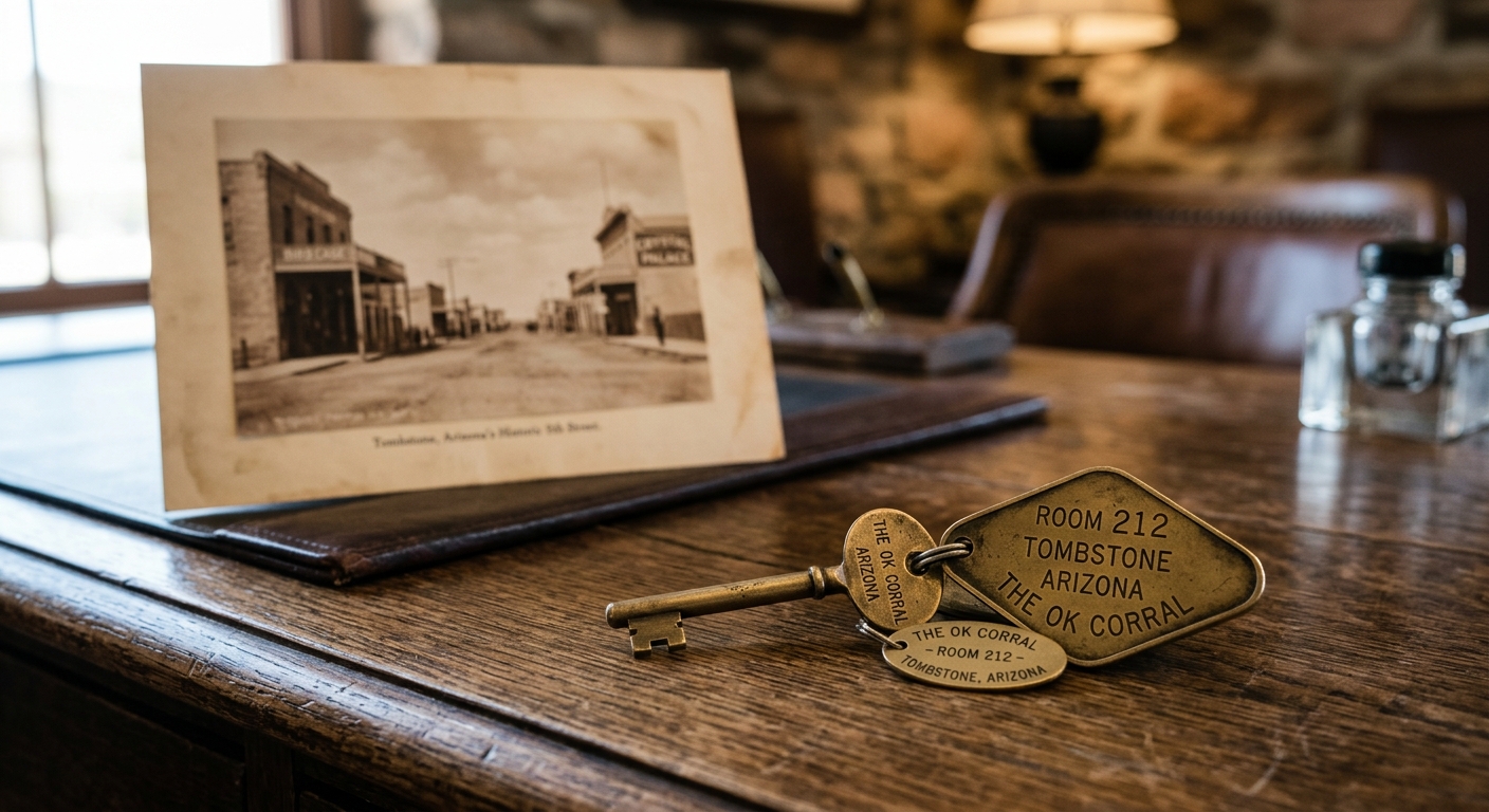 A vintage key and tags on a wooden desk with a historical photograph of Tombstone, Arizona in the background.
