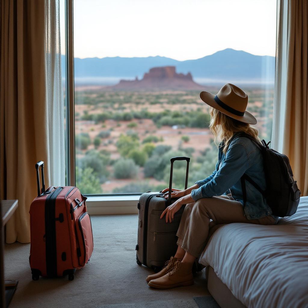 A traveler sits on a bed next to luggage, looking out at a desert landscape through a large window.
