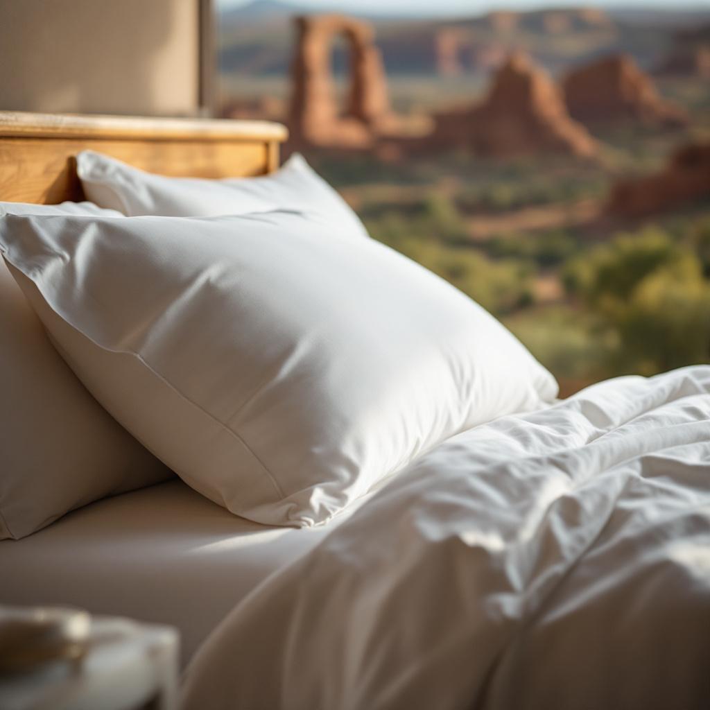 A close-up of a bed with white pillows and bedding, overlooking a scenic view of rock formations.