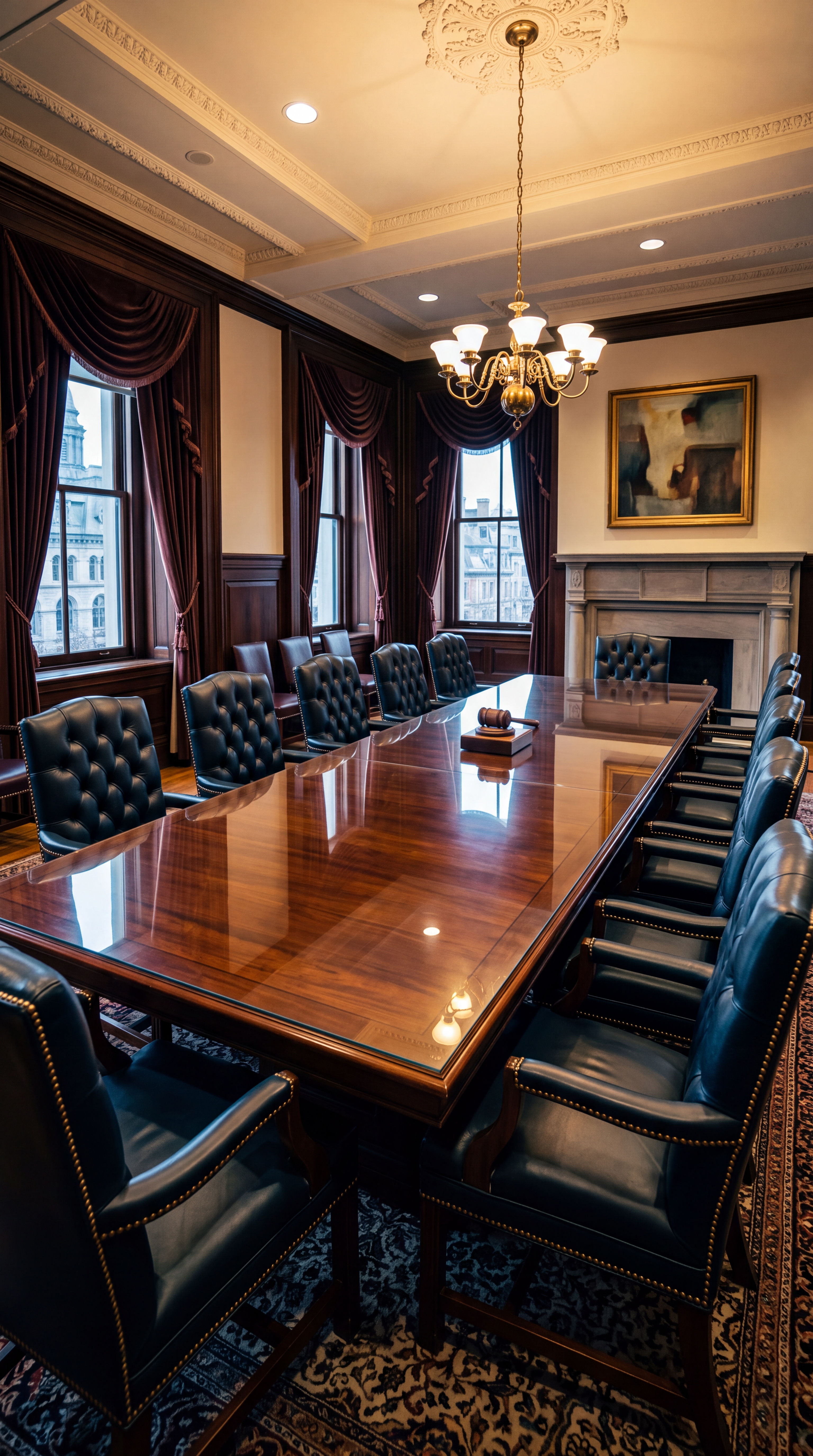 A large conference room with a wooden table and leather chairs.
