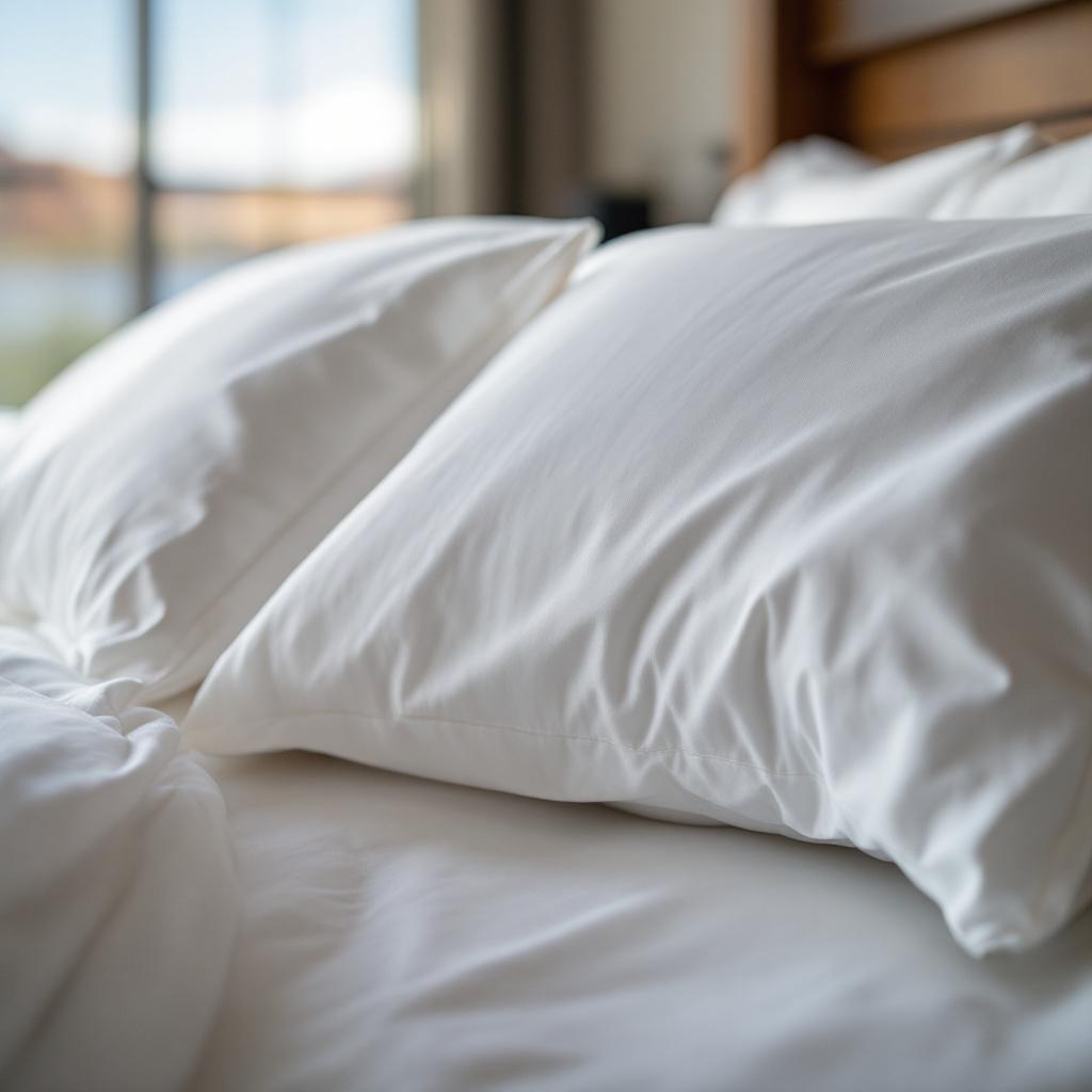 A close-up view of two white pillows on a bed with soft bedding.