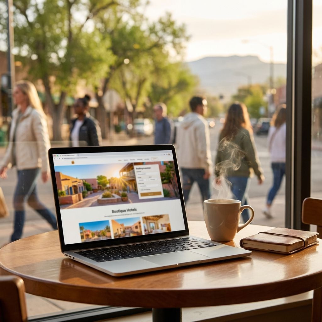 A laptop displaying a hotel booking website sits on a table next to a steaming cup of coffee, with people walking outside.