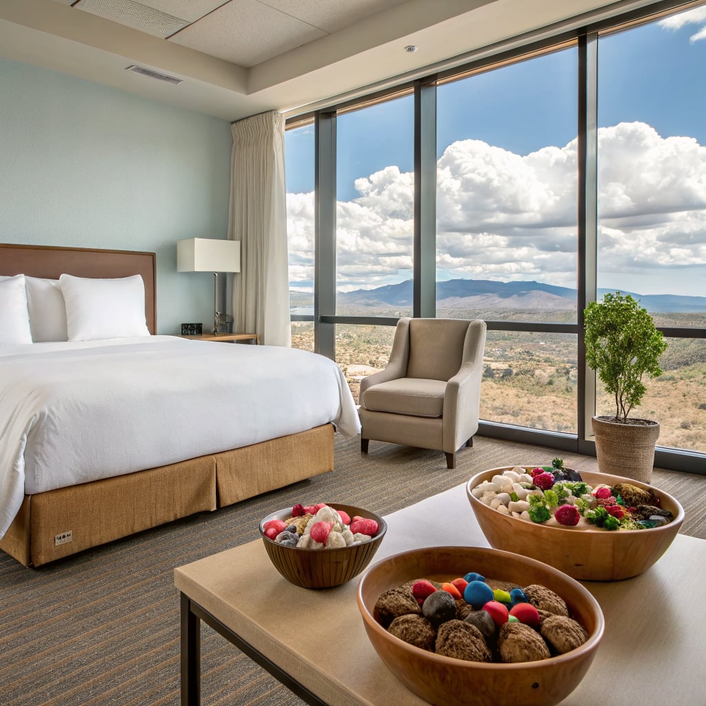 A hotel room with a view of mountains and a selection of desserts on a table.