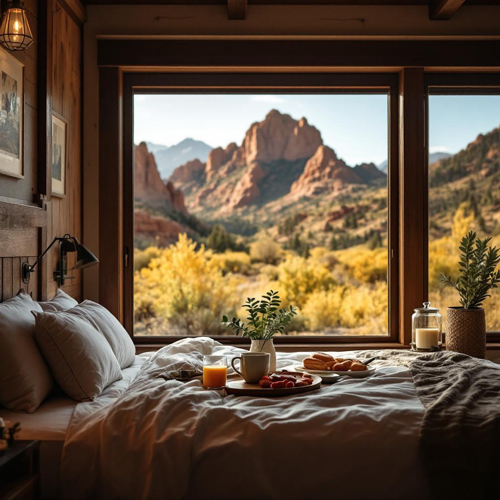A cozy bedroom with a view of red rock formations and autumn foliage outside the window.