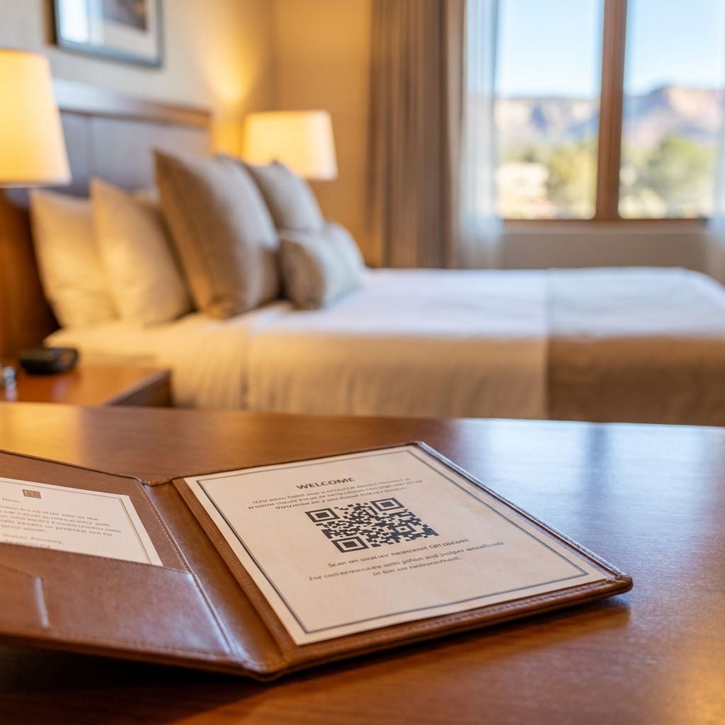 A hotel room with a welcome note and QR code on a wooden table.