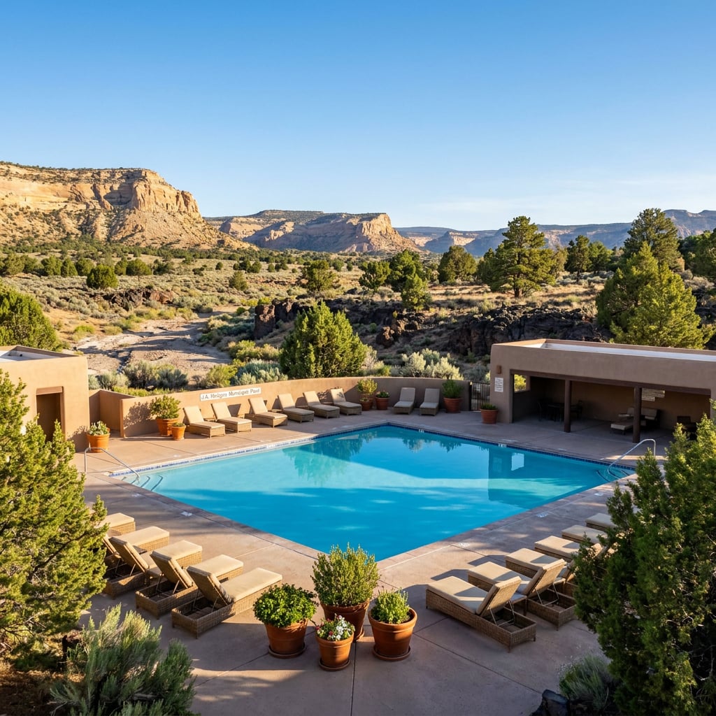 A swimming pool surrounded by lounge chairs and desert landscape.