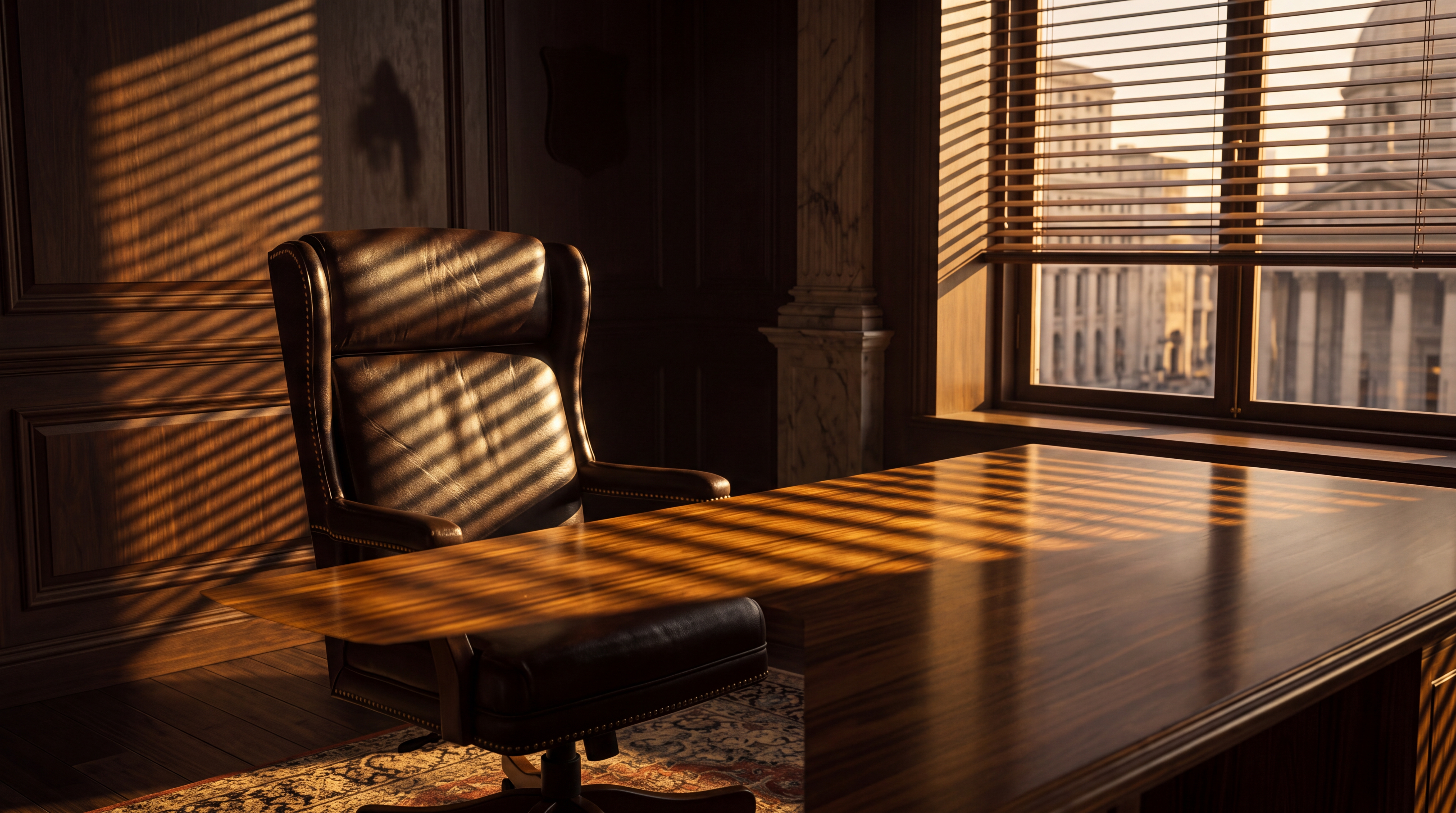 A well-furnished office with a leather chair and a wooden desk illuminated by sunlight through the blinds.