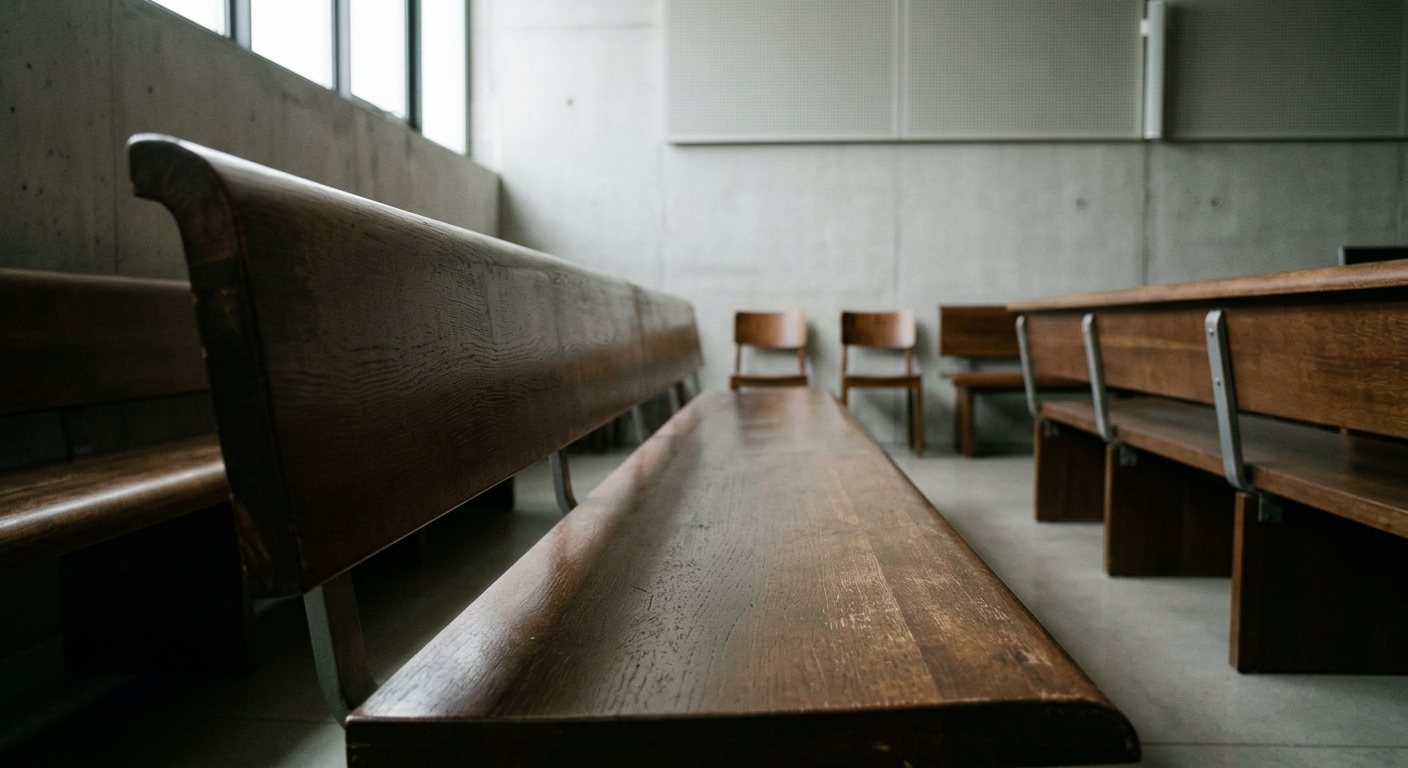 A minimalist interior featuring wooden benches and chairs in a concrete room.