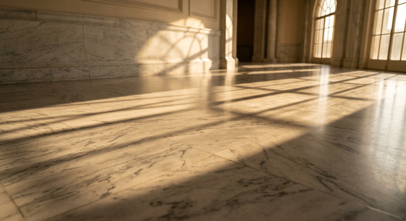 A marble floor with sunlight casting shadows in a spacious interior.
