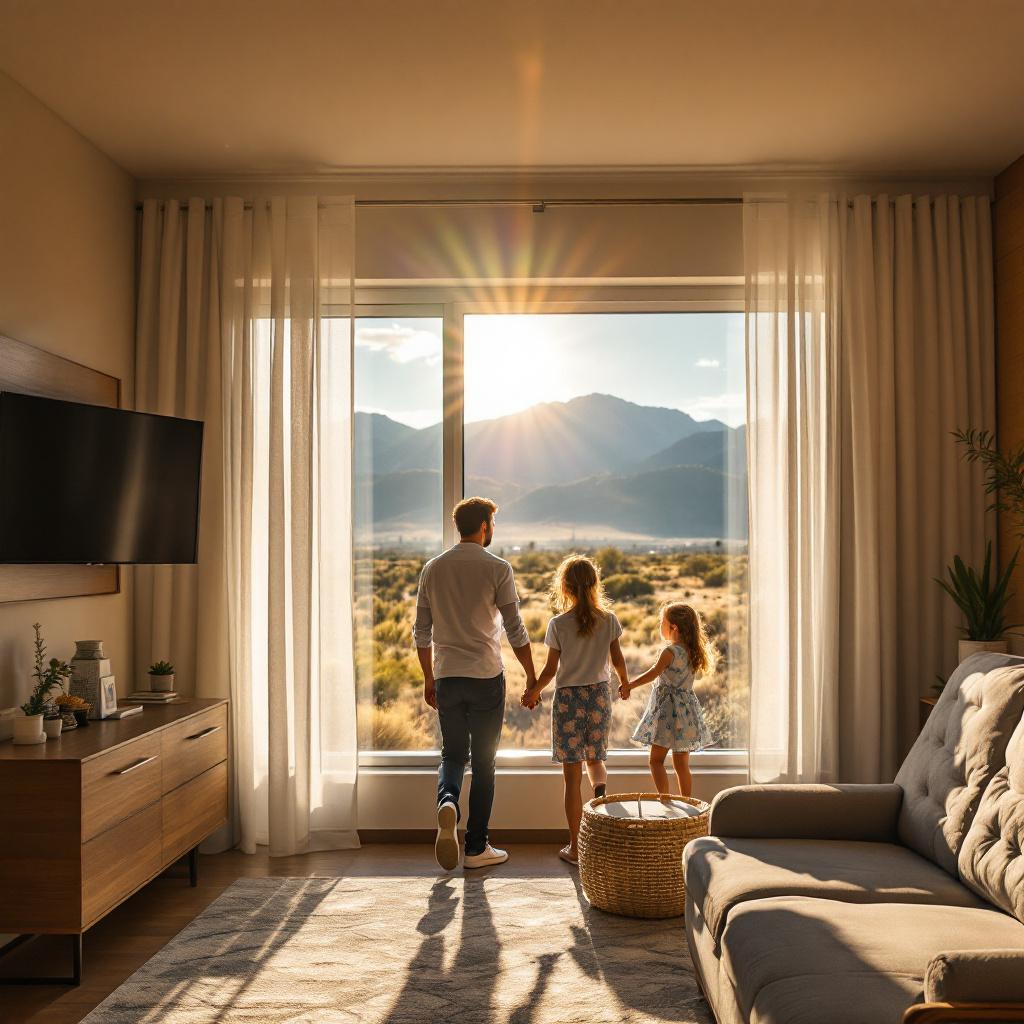 A family stands by a large window overlooking a mountain landscape at sunset.