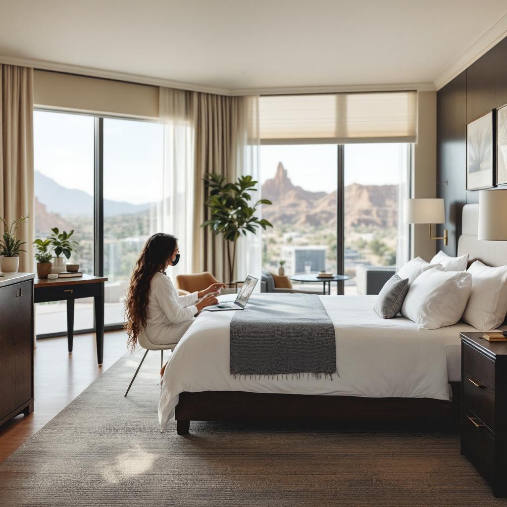 A woman sits at a desk in a hotel room, working on a laptop with a view of mountains outside.