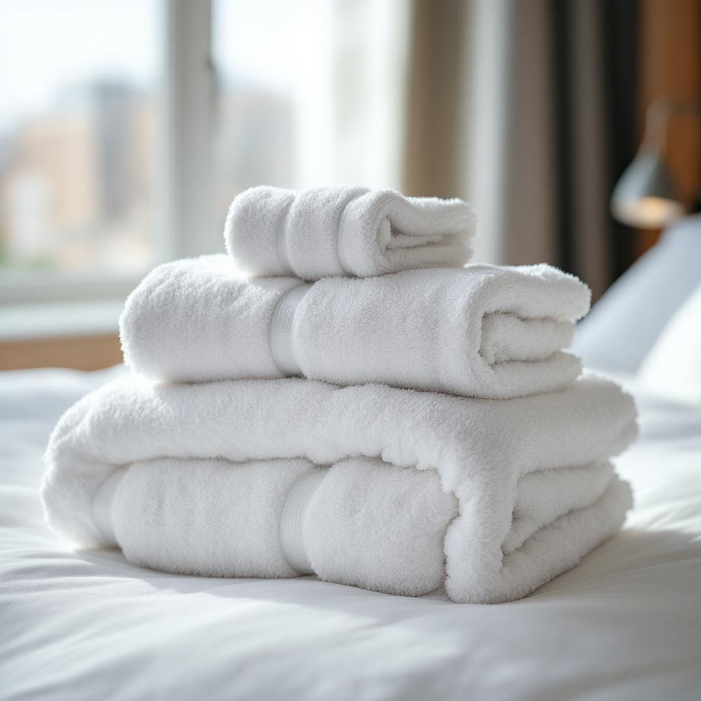 A stack of white towels neatly arranged on a bed.
