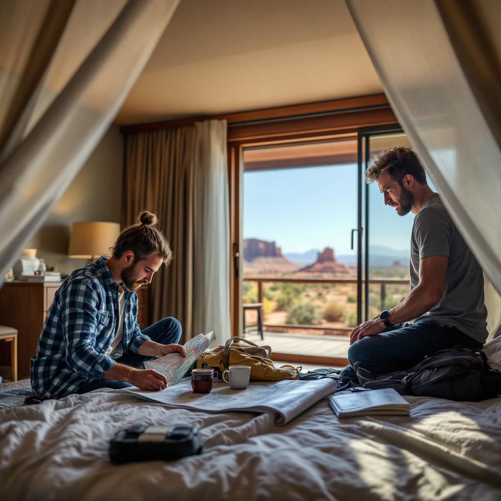 Two men are sitting in a hotel room, one writing notes while the other looks out the window at a scenic view.