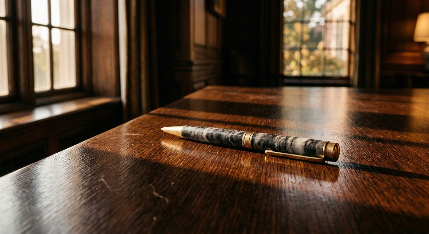 A close-up of a pen resting on a wooden table with sunlight streaming through a window.