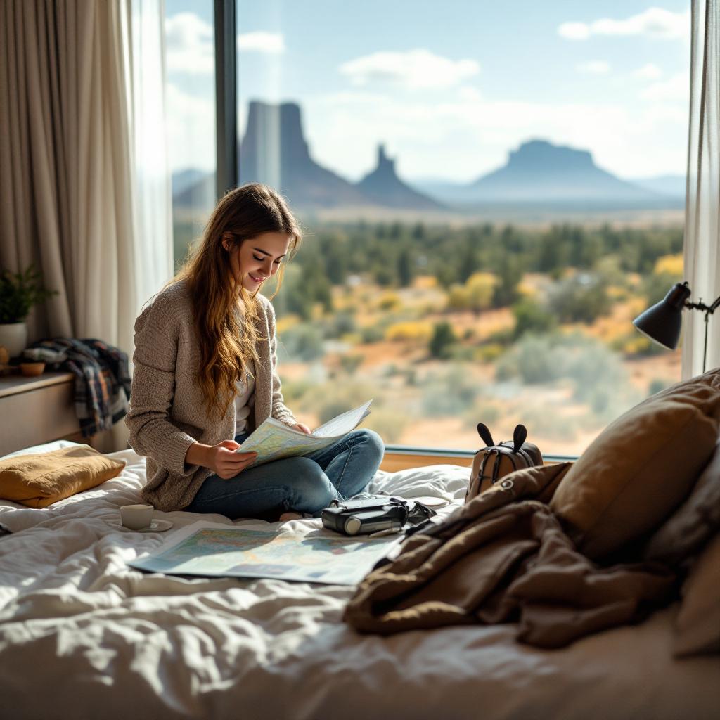 A woman sits on a bed in a hotel room, looking at a map with a scenic view of mountains and desert outside the window.