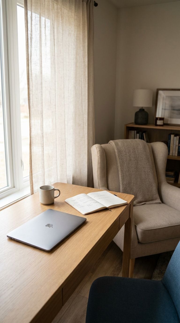 A cozy workspace featuring a laptop, a notebook, and a cup of coffee next to a window.