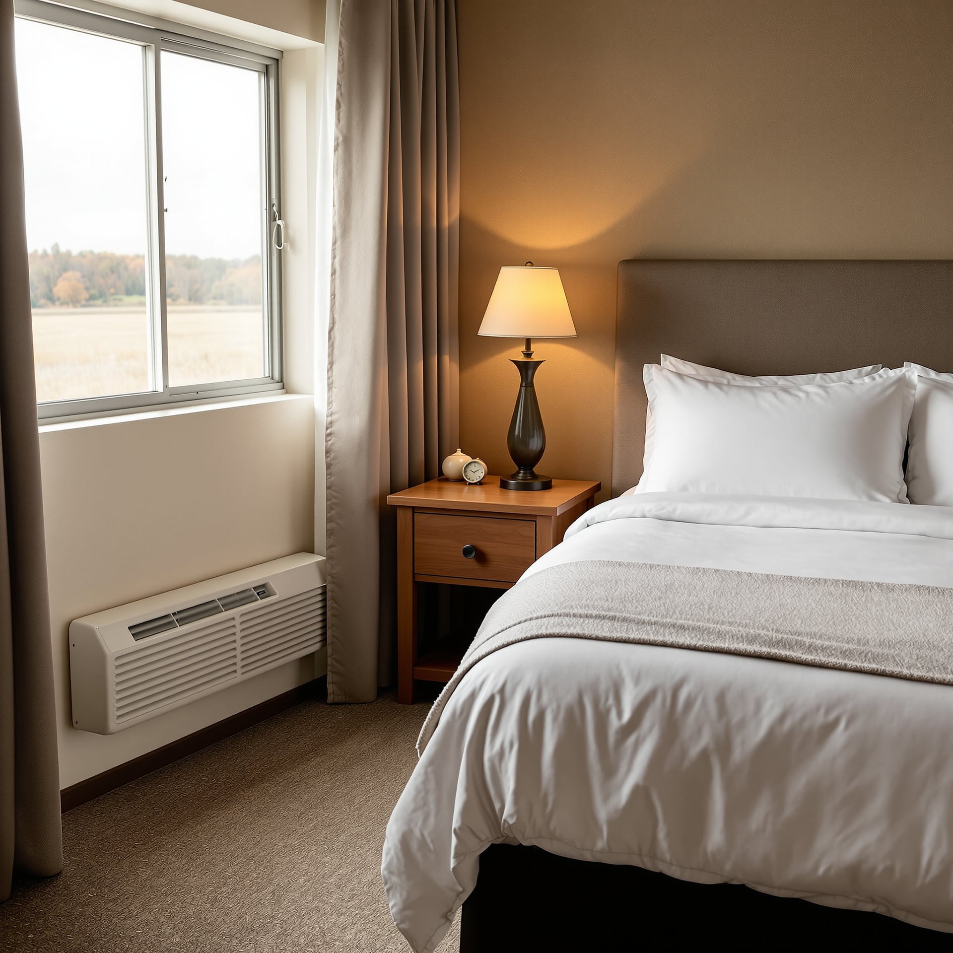 A cozy hotel room featuring a bed, bedside table, lamp, and window with a view.