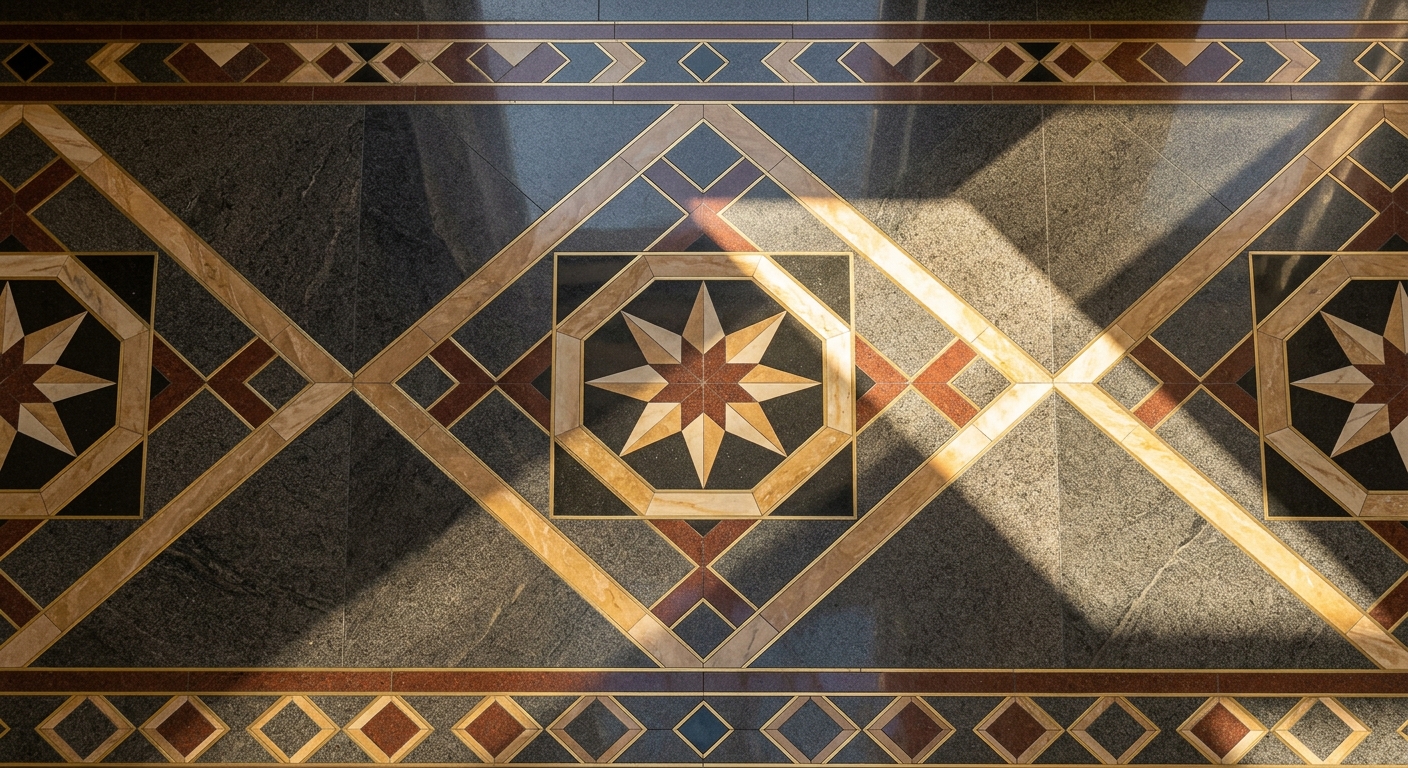 The image shows a decorative floor with geometric patterns and colors.