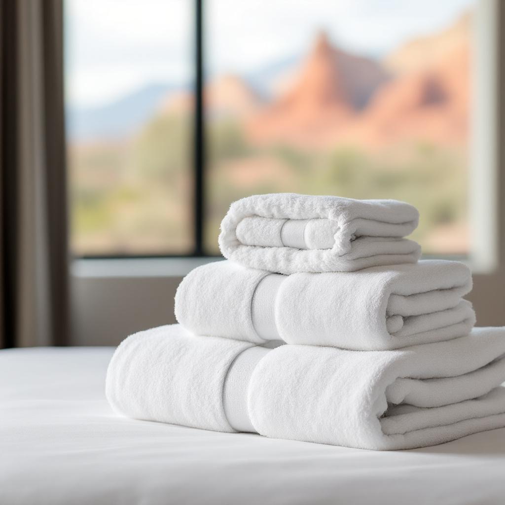A stack of neatly arranged white towels on a bed with a blurred outdoor view in the background.