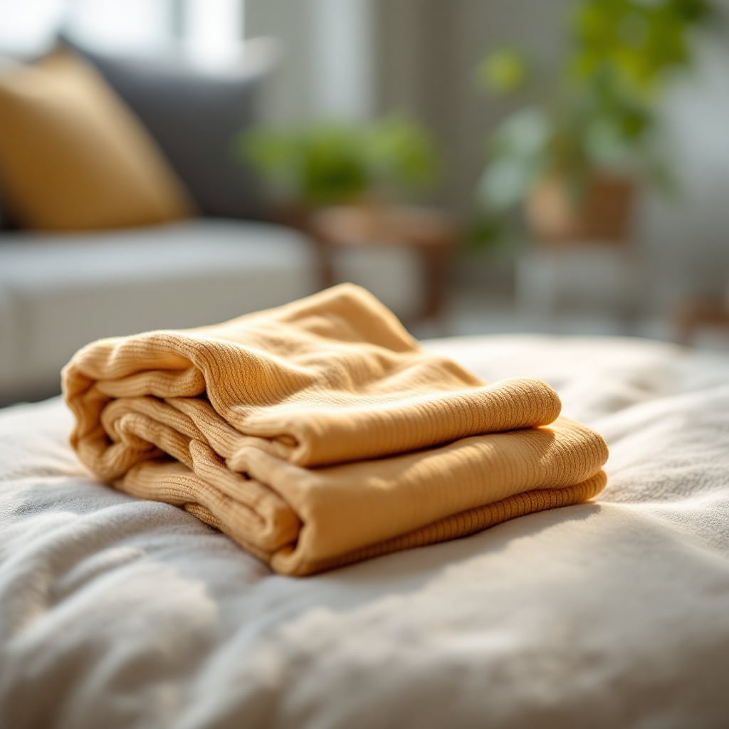 A stack of neatly folded yellow towels on a soft surface.