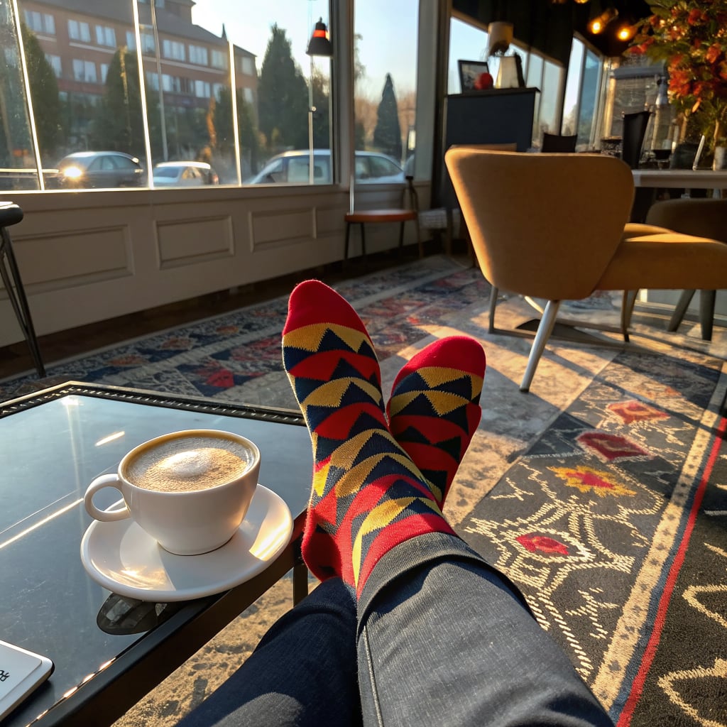 A person is relaxing in a cozy café with colorful socks and a cup of coffee.