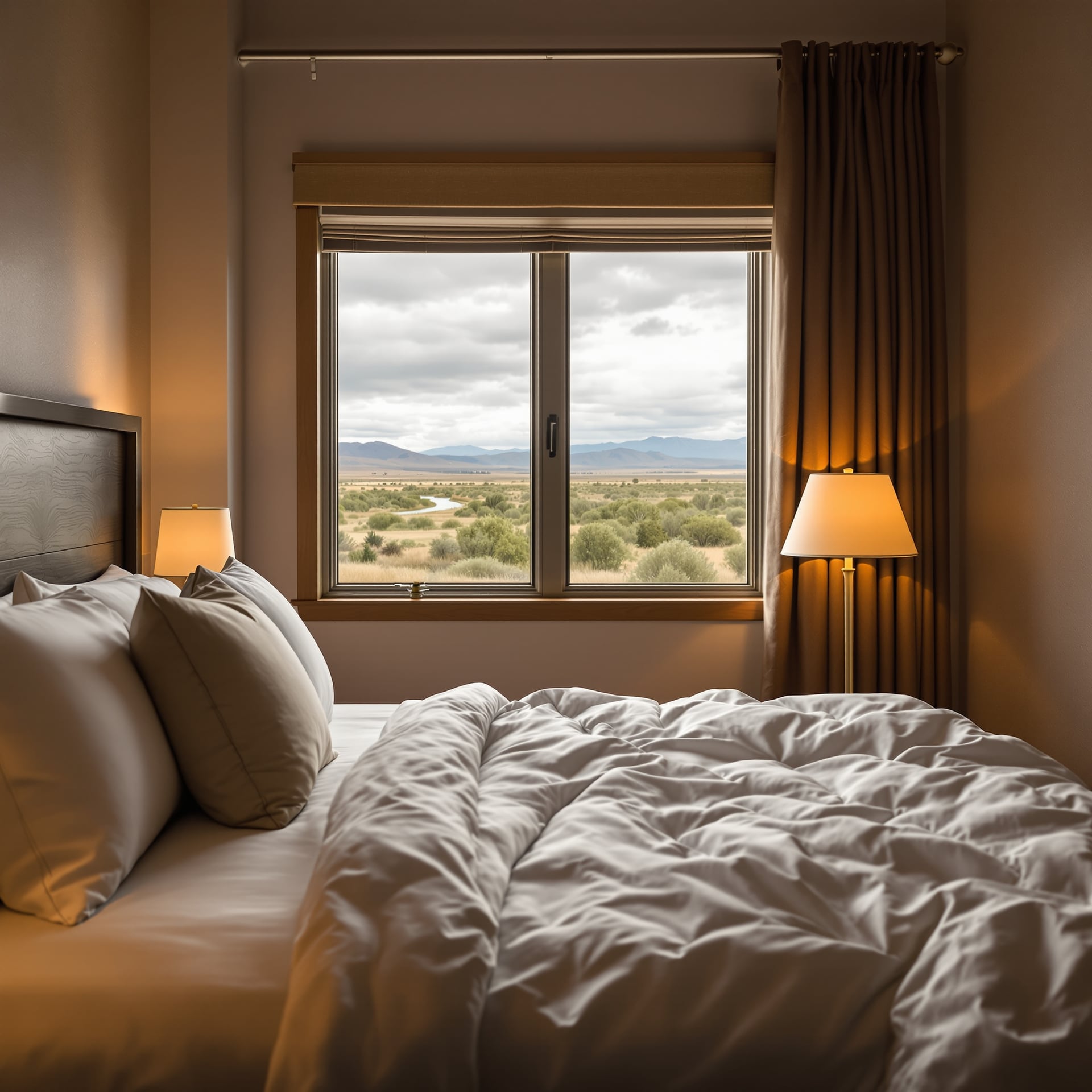 A cozy hotel room with a bed and a window showing a scenic view of nature.