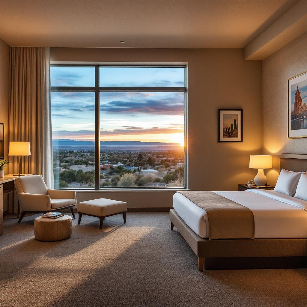 A modern hotel room with a large window showcasing a sunset view.