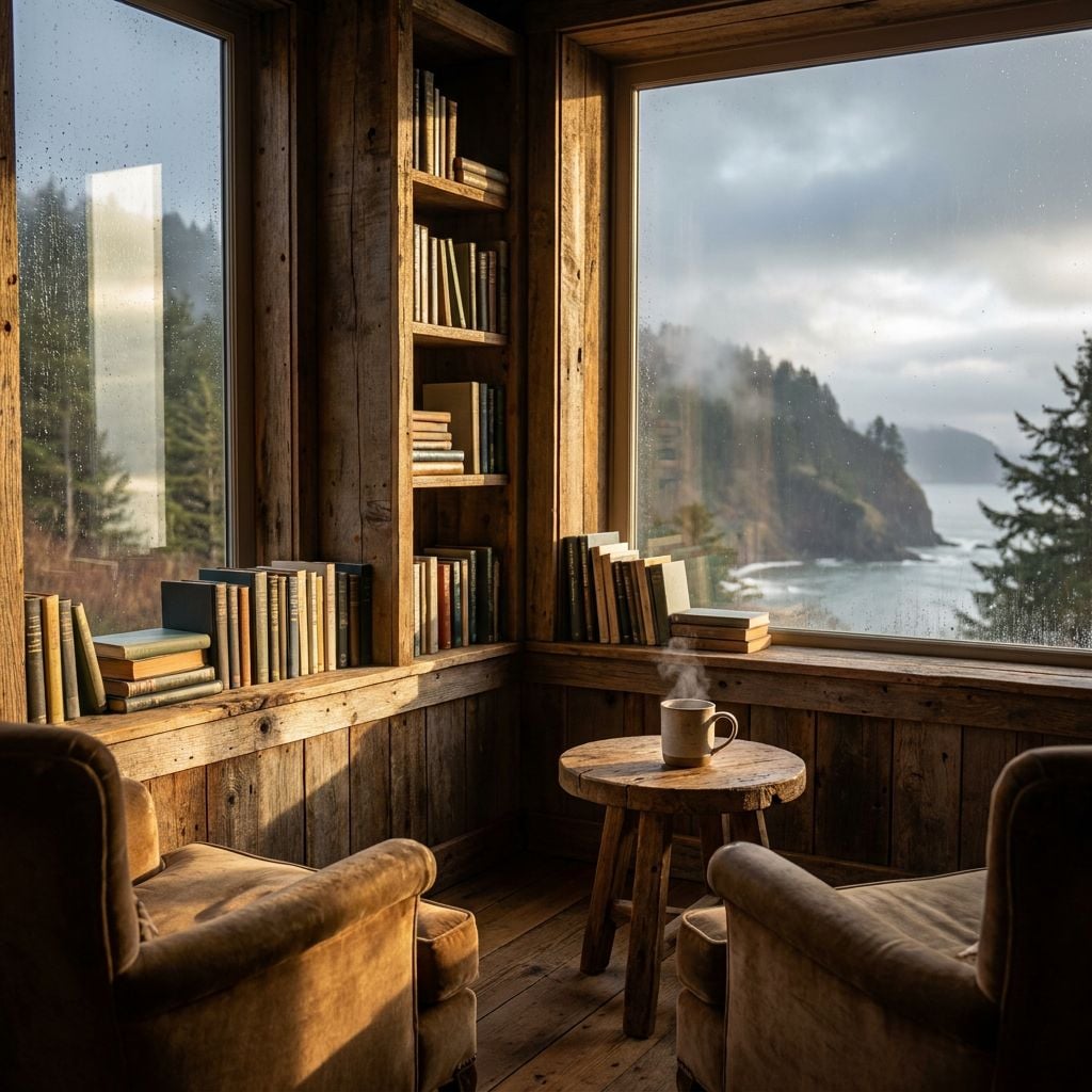 A cozy reading nook with bookshelves overlooking a coastal view.