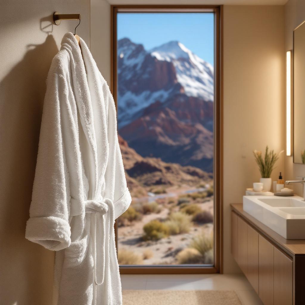 A white bathrobe hangs on a hook in a modern bathroom with a view of snow-capped mountains.
